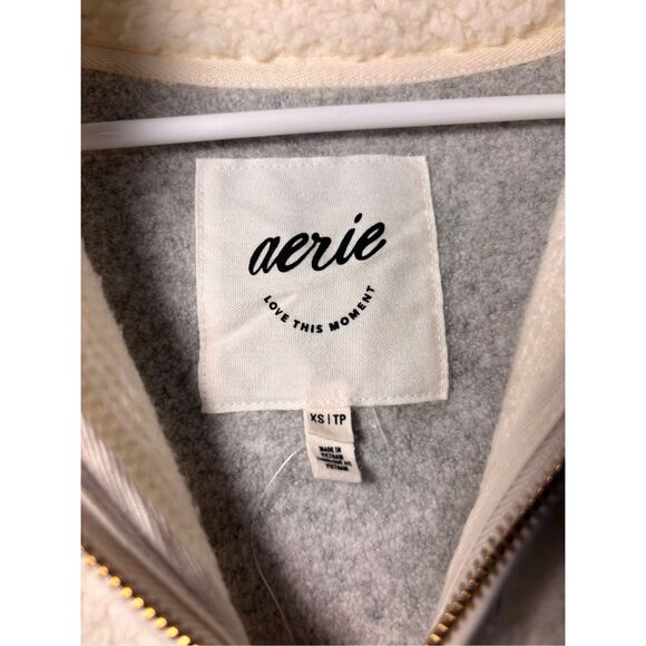 Aerie fleece 1/4 zip sweatshirt gray cream Sherpa XS oversized - Picture 3 of 7
